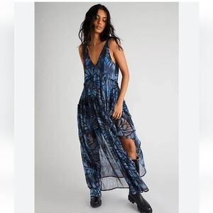 NWT Free People Julianna Maxi Dress butterflies, navy, XS oversized fit Boho